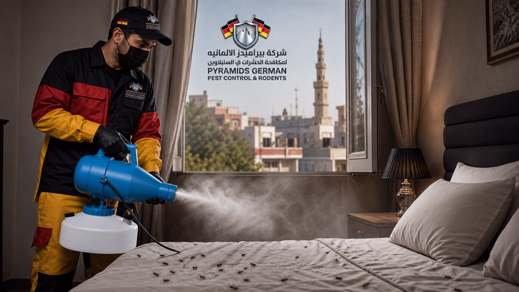 غرفة نوم فيها البق في الفراش ويظر من شباك النافذة معالم السنبلاوين
