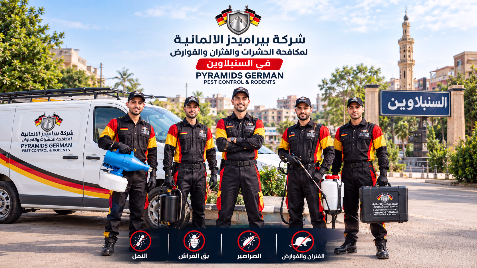 فريق عمل شركة بيرامدز الالمانية لمكافحة الحشرات والفئران والقوارض والنمل والصراصير والبق في السنبلاوين